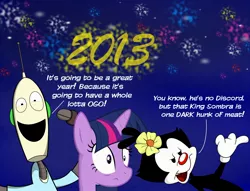 Size: 3288x2517 | Tagged: 2013, animaniacs, artist:cartuneslover16, crossover, derpibooru import, dot warner, happy new year, ogo, robot and monster, safe, twilight sparkle