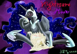 Size: 4092x2893 | Tagged: suggestive, artist:pokuytred, derpibooru import, nightmare moon, alicorn, pony, abstract background, birthday, blushing, cake, ethereal mane, female, food, frosting, galaxy mane, happy birthday, hoof shoes, imminent yeast infection, licking, mare, pixiv, signature, solo, solo female, stupid sexy nightmare moon