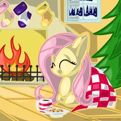 Size: 3000x3000 | Tagged: artist:wojtovix, blanket, clothes, cookie, derpibooru import, drink, fire, fireplace, fluttershy, happy, hot chocolate, safe, socks, winter