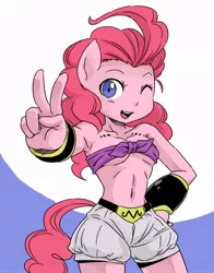 Size: 550x700 | Tagged: ambiguous facial structure, anime, anthro, armpits, artist:shepherd0821, belly button, breasts, derpibooru import, dragon ball, dragon ball z, front knot midriff, majin buu, midriff, parody, pinkie pie, solo, suggestive