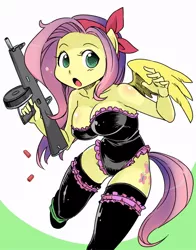 Size: 550x700 | Tagged: aa12, action pose, adorasexy, ambiguous facial structure, anthro, artist:shepherd0821, big breasts, breasts, busty fluttershy, cleavage, clothes, cute, derpibooru import, dragon ball, female, fluttershy, gun, launch, looking at you, parody, sexy, shotgun, socks, solo, solo female, stupid sexy fluttershy, suggestive, thigh highs, weapon