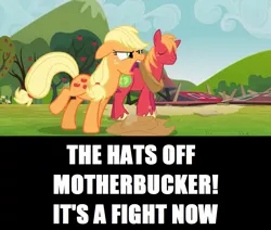 Size: 1067x906 | Tagged: safe, derpibooru import, edit, edited screencap, screencap, applejack, big macintosh, earth pony, pony, too many pinkie pies, angry, duo, eyes closed, female, floppy ears, hat off, male, mare, stallion, sweet apple acres, vulgar