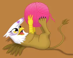 Size: 1280x1011 | Tagged: safe, artist:8aerondight8, derpibooru import, gilda, gryphon, behaving like a cat, catbird, chick, cute, gildadorable, griffons doing cat things, image, on back, png, yarn, yarn ball