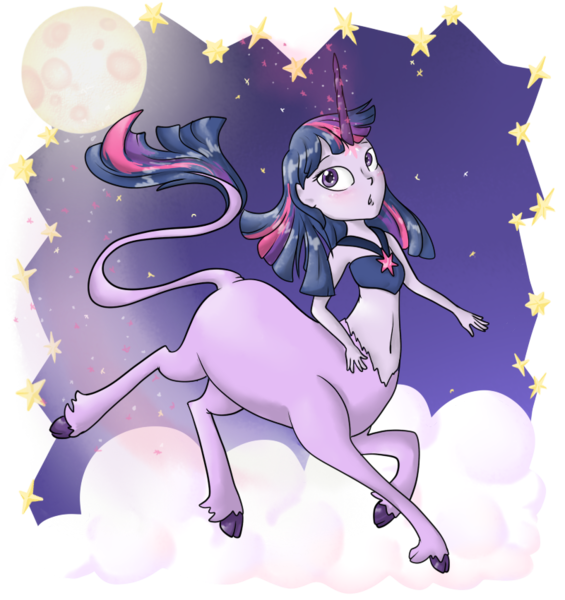 Size: 800x850 | Tagged: artist:otterlore, belly button, blushing, centaur, centaur twilight, classical unicorn, cloud, derpibooru import, horned humanization, humanized, leonine tail, magic, moon, ponytaur, safe, simple background, species swap, transparent background, twilight sparkle