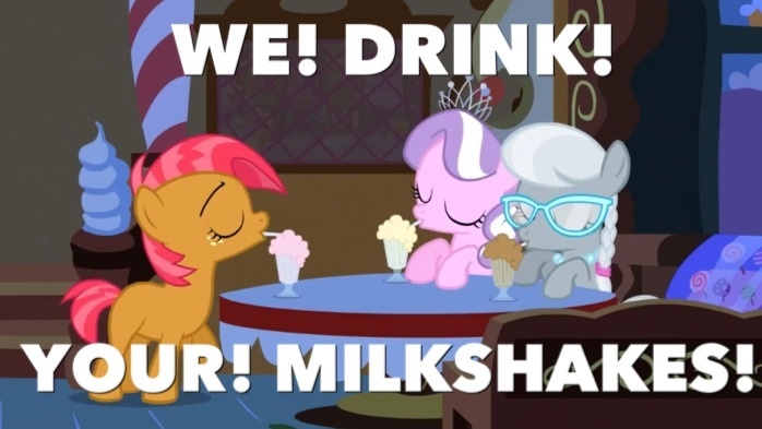 Size: 698x393 | Tagged: babs seed, derpibooru import, diamond tiara, drink, drinking, glasses, i drink your milkshake, image macro, milkshake, one bad apple, safe, silver spoon, there will be blood