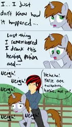 Size: 670x1190 | Tagged: safe, artist:glue123, derpibooru import, oc, oc:blackjack, oc:littlepip, unofficial characters only, pony, unicorn, fallout equestria, fanfic, comic, confused, derp, eyes closed, female, frown, grin, horse noises, humanized, humans riding ponies, language barrier, mare, neigh, open mouth, raised hoof, riding, smiling, underhoof, walking, wavy mouth, wide eyes, worried