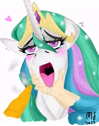 Size: 825x1050 | Tagged: suggestive, artist:modernstormtrooper, derpibooru import, princess celestia, alicorn, human, pony, ahegao, bedroom eyes, blushing, carrot, drool, drool string, female, hand, heart, holding, human on pony action, lidded eyes, male, mare, offscreen character, open mouth, panting, pov, shivering, solo focus, straight, teary eyes, tongue out, uvula