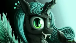 Size: 4800x2700 | Tagged: artist:locolimo, changeling, changeling queen, crown, derpibooru import, fangs, female, forked tongue, green eyes, horn, jewelry, queen chrysalis, regalia, safe