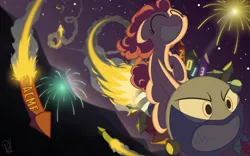 Size: 10000x6250 | Tagged: safe, artist:pirill, derpibooru import, pinkie pie, pony, absurd resolution, fireworks, flying, food, happy new year, muffin, night, riding, solo, vector