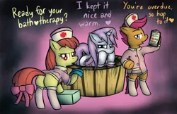 Size: 1049x679 | Tagged: suggestive, artist:lamia, derpibooru import, apple bloom, scootaloo, sweetie belle, earth pony, pegasus, unicorn, bath, bedroom eyes, butt, clothes, cutie mark crusaders, female, filly, hat, heart, nurse, plot, socks, sponge, uniform, wet, wet mane