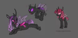 Size: 1024x502 | Tagged: artist:carnifex, changeling, changeling oc, changeling queen, changeling queen oc, derpibooru import, female, gray background, miasma hive, oc, oc:marasmus, oc:miasma, pink changeling, pregnant, purple changeling, safe, simple background, unofficial characters only