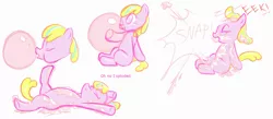 Size: 1292x562 | Tagged: safe, artist:retl, derpibooru import, oc, oc:puppysmiles, unofficial characters only, earth pony, pony, fallout equestria, fallout equestria: pink eyes, fanfic, bubblegum, comic, cute, eyes closed, fanfic art, female, filly, foal, gum, hooves, lying down, one eye closed, open mouth, simple background, sitting, solo, text