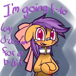 Size: 650x650 | Tagged: artist:serendipity-kitty, bandaid, blood, bow, collar, crying, grimdark, lesboloo, scootaloo, self harm