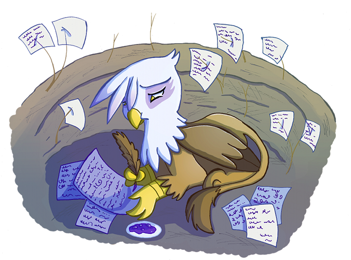 Size: 700x519 | Tagged: safe, artist:butterscotch25, derpibooru import, gilda, gryphon, fanfic, feather, ink, solo, writing