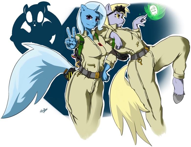 Size: 1802x1385 | Tagged: anthro, artist:remenbrand, crossover, derpibooru import, derpy hooves, ghostbusters, parody, safe, trixie