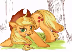 Size: 744x535 | Tagged: action pose, applejack, artist:kiisuke, pixiv, safe, solo, tree