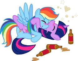 Size: 3687x2858 | Tagged: suggestive, artist:he4rtofcourage, derpibooru import, rainbow dash, twilight sparkle, alcohol, blushing, bottle, drunk, drunk twilight, drunker dash, female, heart, lesbian, shipping, twidash