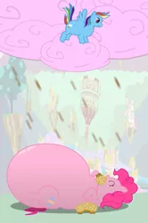 Size: 999x1501 | Tagged: artist:fatponysketches, belly, candy, chocolate, chocolate rain, cloud, cotton candy cloud, cupcake, derpibooru import, eating, fat, inflation, morbidly obese, muffin, nom-nom, obese, pinkie pie, rain, rainbow dash, safe, stomping, stuffing, wat, weight gain