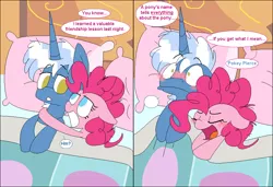 Size: 974x666 | Tagged: suggestive, artist:artflicker, derpibooru import, pinkie pie, pokey pierce, earth pony, unicorn, aftersex, bed, bedroom eyes, blushing, comic, eyes closed, female, floppy ears, frown, grin, hug, implied sex, innuendo, male, mare, open mouth, pokeypie, shipping, smiling, stallion, straight, wide eyes