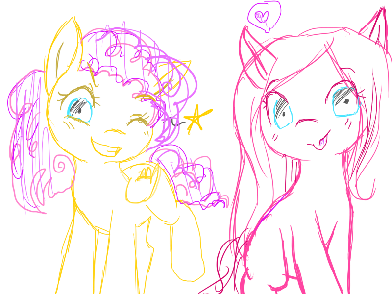 Size: 800x600 | Tagged: safe, artist:hikkupp, derpibooru import, oc, unofficial characters only, earth pony, pegasus, pony, blank flank, limited palette, magical lesbian spawn, offspring, parent:fluttershy, parent:pinkie pie, parents:flutterpie, sisters, tongue out, wink