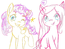 Size: 800x600 | Tagged: safe, artist:hikkupp, derpibooru import, oc, unofficial characters only, earth pony, pegasus, pony, blank flank, limited palette, magical lesbian spawn, offspring, parent:fluttershy, parent:pinkie pie, parents:flutterpie, sisters, tongue out, wink