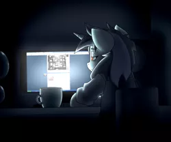 Size: 1280x1066 | Tagged: anthro, artist:efrejok, ask sleepless vinyl, computer, dark, derpibooru import, glow, safe, solo, vinyl scratch