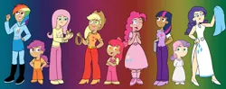 Size: 1280x507 | Tagged: apple bloom, applejack, artist:colorsplasharts, bird, book, butch hartman, derpibooru import, fluttershy, humanized, pinkie pie, rainbow dash, rarity, safe, scootaloo, style emulation, sweetie belle, twilight sparkle