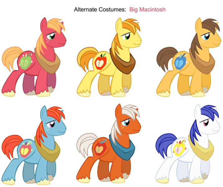 Size: 3700x3100 | Tagged: safe, artist:dey-chan, artist:pika-robo, derpibooru import, barnacle, big macintosh, braeburn, caramel, chief, wigwam, earth pony, pony, alternate costumes, g1, g1 to g4, g4, generation leap, male, palette swap, recolor, simple background, stallion, transparent background, vector