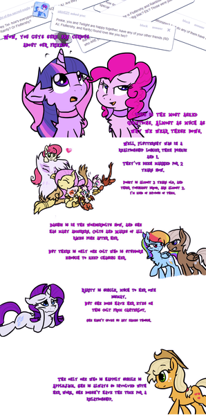 Size: 900x1812 | Tagged: safe, artist:justagirlonline, derpibooru import, applejack, dumbbell, fluttershy, gilda, pinkie pie, rainbow dash, rarity, twilight sparkle, gryphon, hybrid, ask cute twinkie pie, dumbdash, female, forever alone, gildashy, interspecies, interspecies offspring, lesbian, magical lesbian spawn, male, offspring, parent:fluttershy, parent:gilda, parents:gildashy, shipping, straight, twinkie