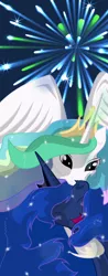 Size: 900x2295 | Tagged: artist:bednarowski, derpibooru import, ear bite, fireworks, princess celestia, princess luna, safe