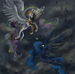 Size: 1280x1269 | Tagged: artist:obsidianchameleon, crown, crying, dead source, derpibooru import, feather, flying, jewelry, princess celestia, princess luna, regalia, safe, tyrant celestia