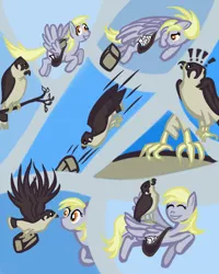 Size: 900x1125 | Tagged: safe, artist:pumqin, derpibooru import, derpy hooves, falcon, pegasus, pony, female, flying, mail, mare, peregrine falcon, pet