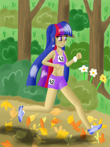 Size: 1200x1600 | Tagged: artist:fahu, belly button, clothes, derpibooru import, humanized, jogging, midriff, running of the leaves, safe, shoes, shorts, skinny, sneakers, sports bra, twilight sparkle