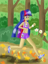 Size: 1200x1600 | Tagged: artist:fahu, belly button, clothes, derpibooru import, humanized, jogging, midriff, running of the leaves, safe, shoes, shorts, skinny, sneakers, sports bra, twilight sparkle