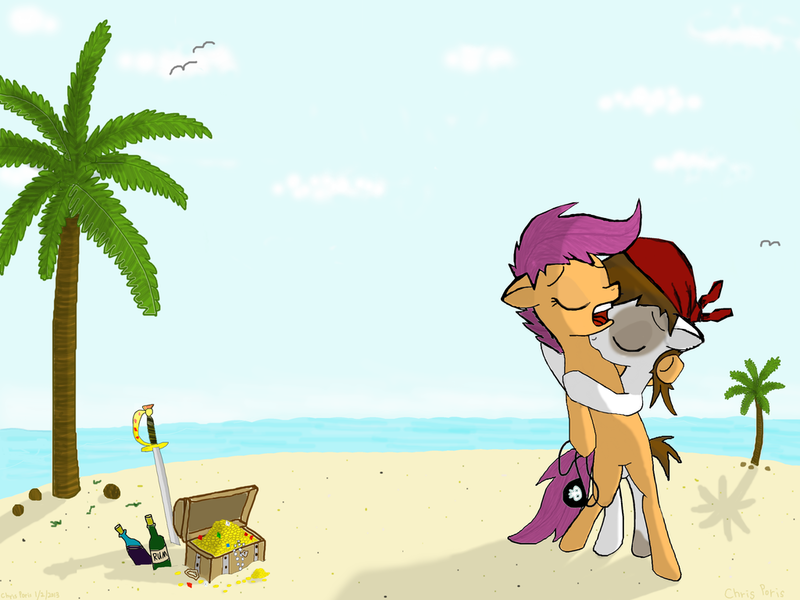 Size: 1024x768 | Tagged: artist:westernciv, derpibooru import, female, island, male, pipsqueak, pirate, safe, scootaloo, scootasqueak, shipping, straight, toy ship, treasure, treasure chest