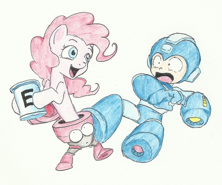 Size: 1265x1054 | Tagged: artist:joelashimself, crossover, derpibooru import, eddie, e-tank, megaman, pinkie pie, safe