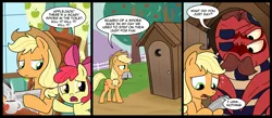 Size: 1700x744 | Tagged: safe, artist:madmax, derpibooru import, idw, apple bloom, applejack, f'wuffy, earth pony, pony, spider, spoiler:comic, spoiler:comic02, apple bloom's bow, applejack's hat, bow, comic, cowboy hat, eyepatch, female, filly, hair bow, hat, male, mare, mouth hold, newspaper, outhouse, sweat, toilet