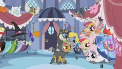 Size: 1280x725 | Tagged: safe, derpibooru import, edit, edited screencap, editor:i-shooped-a-pwny, screencap, apple bloom, babs seed, scootaloo, sweetie belle, pig, wolf, one bad apple, big babs wolf, clothes, costume, cutie mark crusaders, pig costume, wolf costume