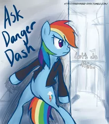 Size: 953x1080 | Tagged: dead source, safe, artist:tehjadeh, derpibooru import, rainbow dash, pegasus, pony, ask, bipedal, clothes, danger dash, female, jacket, mare, simple background, solo, tumblr