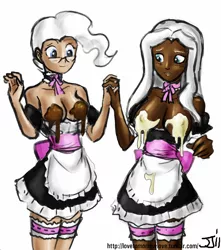 Size: 882x1000 | Tagged: alternate hairstyle, artist:johnjoseco, artist:michos, breasts, chocolate, clothes, colored, color edit, derpibooru import, edit, female, females only, glasses, human, humanized, maid, mayor mare, nudity, simple background, strategically covered, suggestive, topless, vanilla, white background, zecora