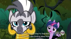 Size: 1571x859 | Tagged: derpibooru import, magic duel, safe, screencap, twilight sparkle, youtube caption, youtube link, zebra, zecora