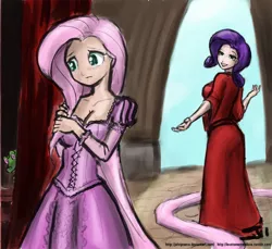 Size: 800x733 | Tagged: artist:johnjoseco, artist:michos, cleavage, clothes, colored, color edit, crossover, derpibooru import, disney princess, dress, edit, female, fluttershy, gummy, human, humanized, impossibly long hair, long hair, mother gothel, rapunzel, rarity, safe, tangled (disney)