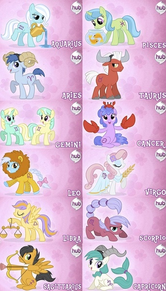 Size: 429x750 | Tagged: safe, artist:patchwerk-kw, derpibooru import, oc, oc:aquarius, oc:aries, oc:cancer, oc:capricorn, oc:gemini, oc:leo, oc:libra, oc:pisces, oc:sagittarius, oc:scorpio, oc:taurus, oc:virgo, unofficial characters only, crab, earth pony, fish, goldfish, pegasus, pony, unicorn, aquarius, aries, balance, bow, bow (weapon), braided tail, cancer (horoscope), capricorn, clothes, costume, dress, fake horns, female, fishbowl, flower, flower in hair, gemini, hub logo, jug, lennon, leo, libra, male, mare, mccartney, pink background, pisces, ponyscopes, sagittarius, scorpio, simple background, stallion, tail bow, taurus, twins, virgo, water, zodiac