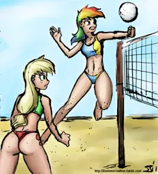 Size: 909x1000 | Tagged: applejack, artist:johnjoseco, artist:michos, beach, beach volleyball, bicolor swimsuit, bikini, blue swimsuit, breasts, clothes, colored, color edit, cutie mark on human, derpibooru import, edit, female, females only, green swimsuit, homoerotic beach volleyball, human, humanized, rainbow dash, red swimsuit, suggestive, swimsuit, thong swimsuit, volleyball, wedgie