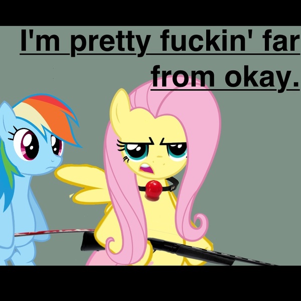 Size: 800x800 | Tagged: questionable, derpibooru import, edit, fluttershy, rainbow dash, angry, ballgag, caption, duo, gag, gun, image, jpeg, pulp fiction, reaction image, vulgar, weapon