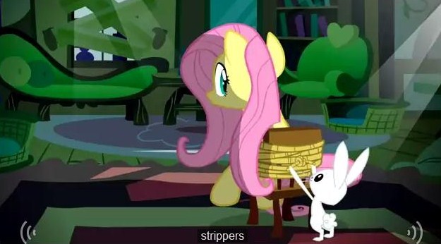 Size: 625x346 | Tagged: angel bunny, derpibooru import, fluttershy, safe, screencap, strippers, youtube caption