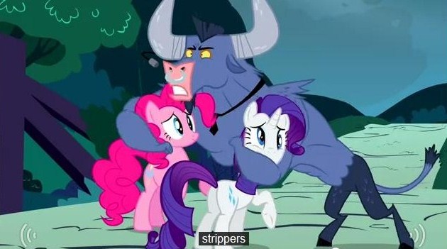 Size: 630x351 | Tagged: derpibooru import, headlock, iron will, pinkie pie, putting your hoof down, rarity, safe, screencap, strippers, youtube caption