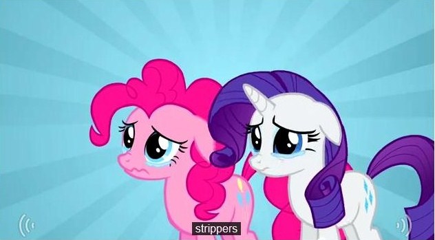 Size: 632x349 | Tagged: safe, derpibooru import, screencap, pinkie pie, rarity, earth pony, pony, unicorn, putting your hoof down, female, mare, strippers, youtube caption