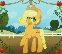 Size: 832x733 | Tagged: apple, applejack, artist:lolopan, derpibooru import, fence, food, raised hoof, safe, solo, sweet apple acres