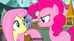 Size: 631x351 | Tagged: safe, derpibooru import, screencap, fluttershy, pinkie pie, putting your hoof down, youtube caption